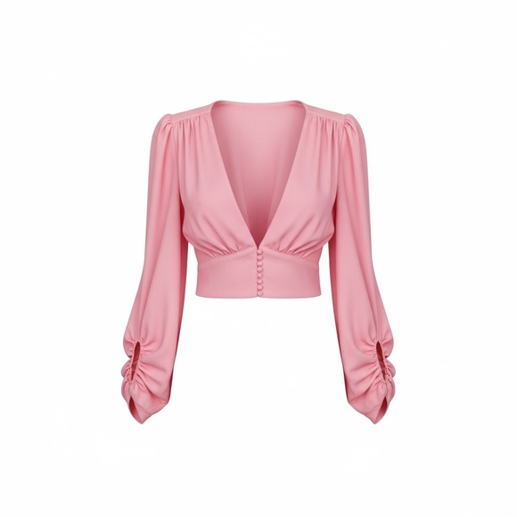 Signature8 Tops - Signature8 Pink Deep V Crop Blouse with Puff Sleeves